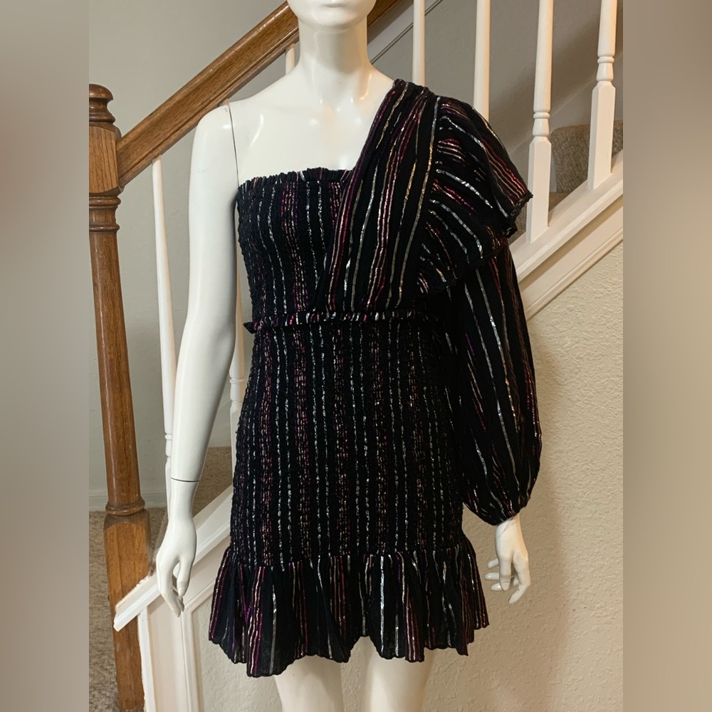 Farm Rio Dress Lurex Black Metallic Striped Mini Smocked One Shoulder Size XS